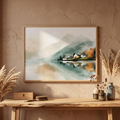 Autumn reflection art above a wooden bench