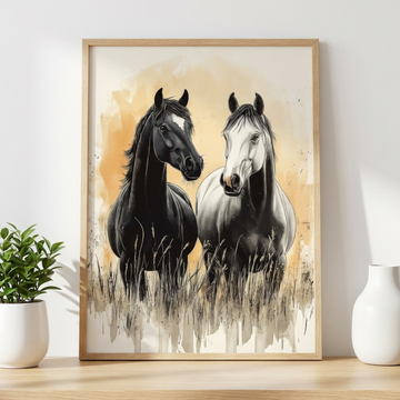 Elegant Simplicity, Minimalistic Black and White Horses in Grassy Field. High Resolution Digital Download 300 DPI