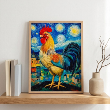 Starry Night Rooster Oil Painting, French Village Wall Art. High Resolution Digital Download 300 DPI.