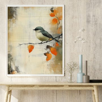 Whimsical Watercolor, Gray Bird on Branch with Orange Leaves and Vintage Paper Texture. High Resolution Digital Download 300 DPI
