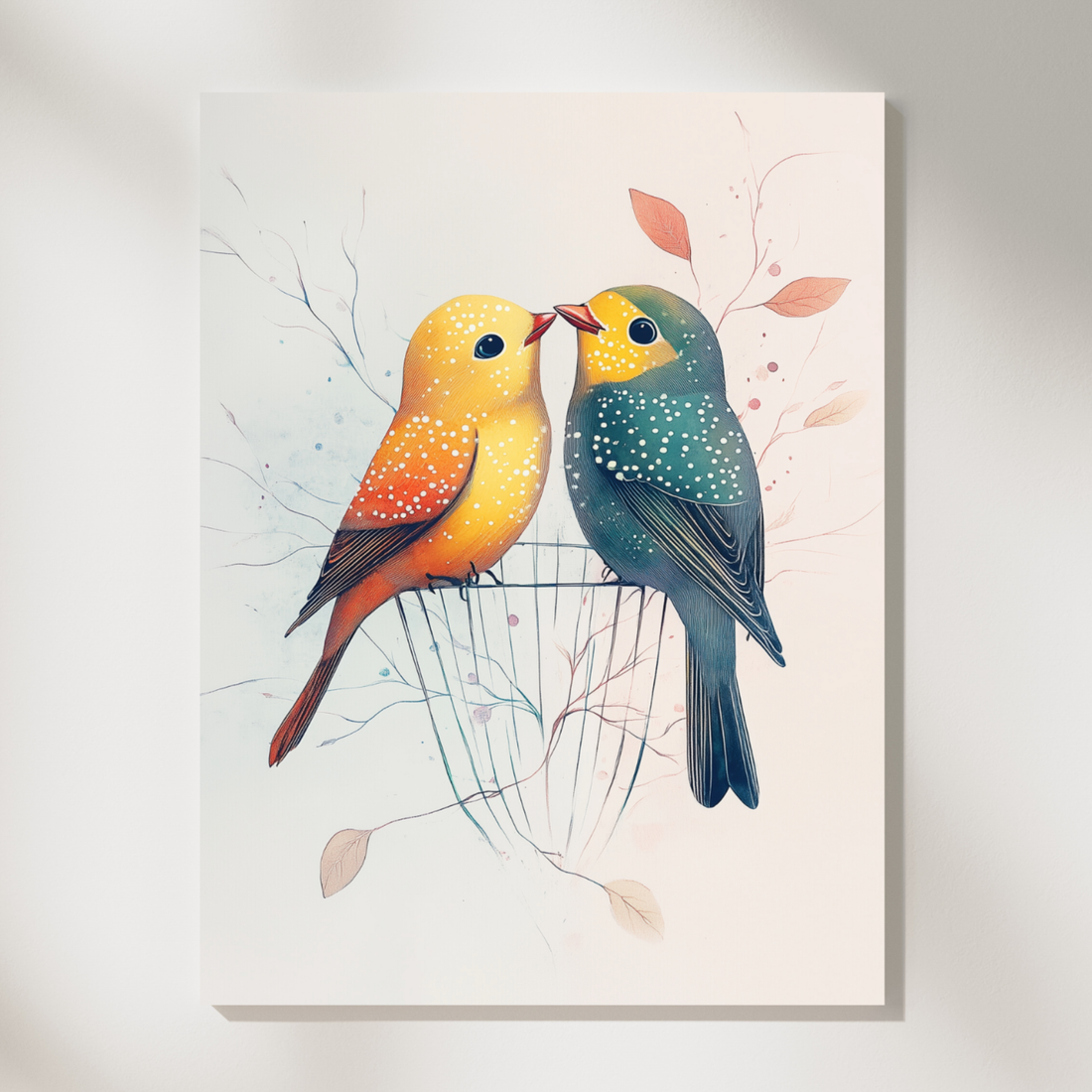 Charming Aviary, Colorful Birds on Wire Cage with Pastel Leaves and Branches. High Resolution Digital Download 300 DPI