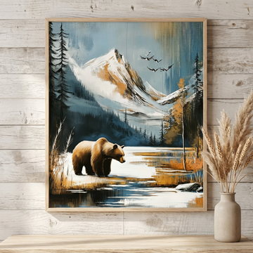 Majestic Wilderness, Brown Bear Mountain Lake Winter Landscape Wall Art. High Resolution Digital Download 300 DPI.