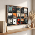 Americana collage print above a wooden shelf
