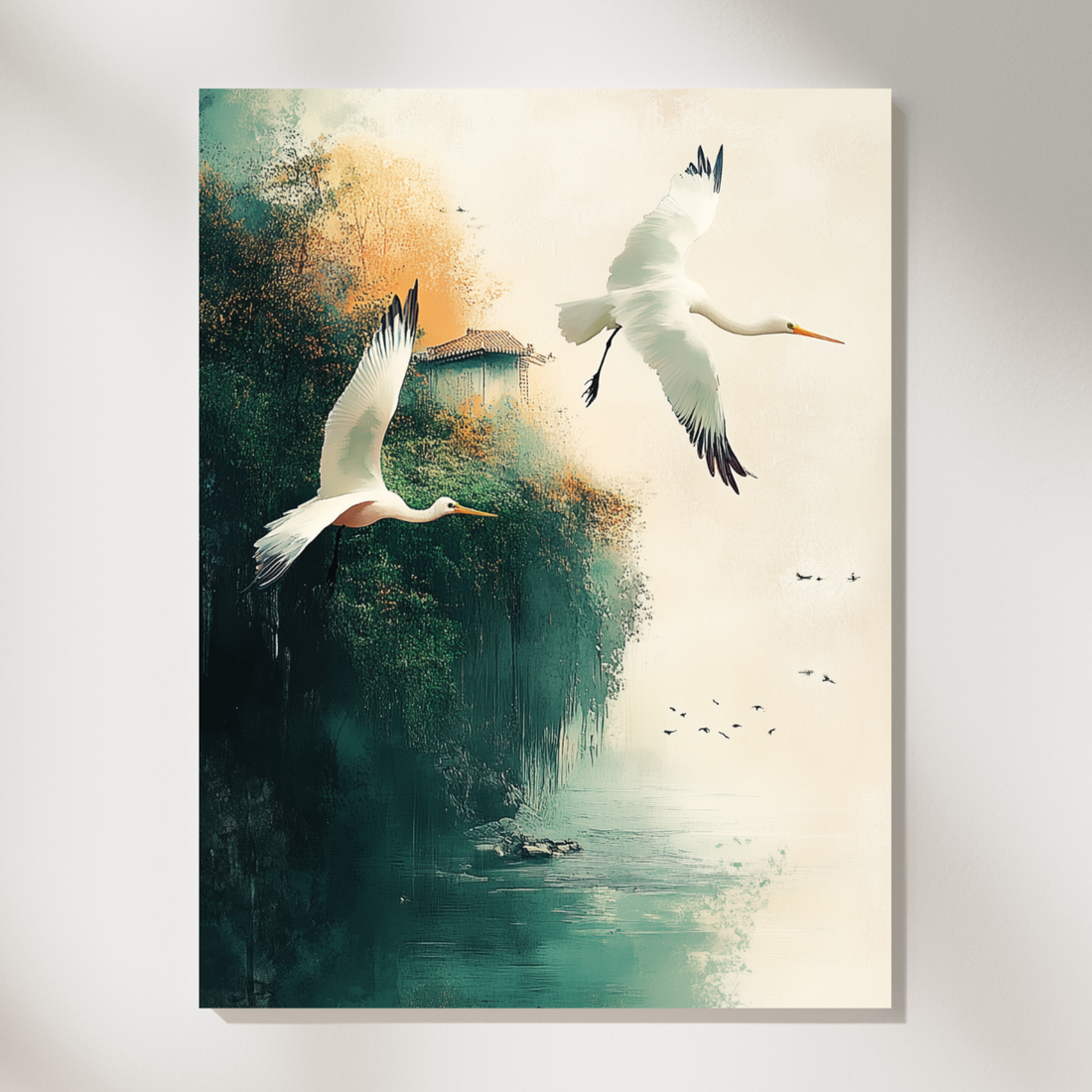 Majestic Herons, Misty Landscapes and Serene Lake Flight Duo. High Resolution Digital Download 300 DPI