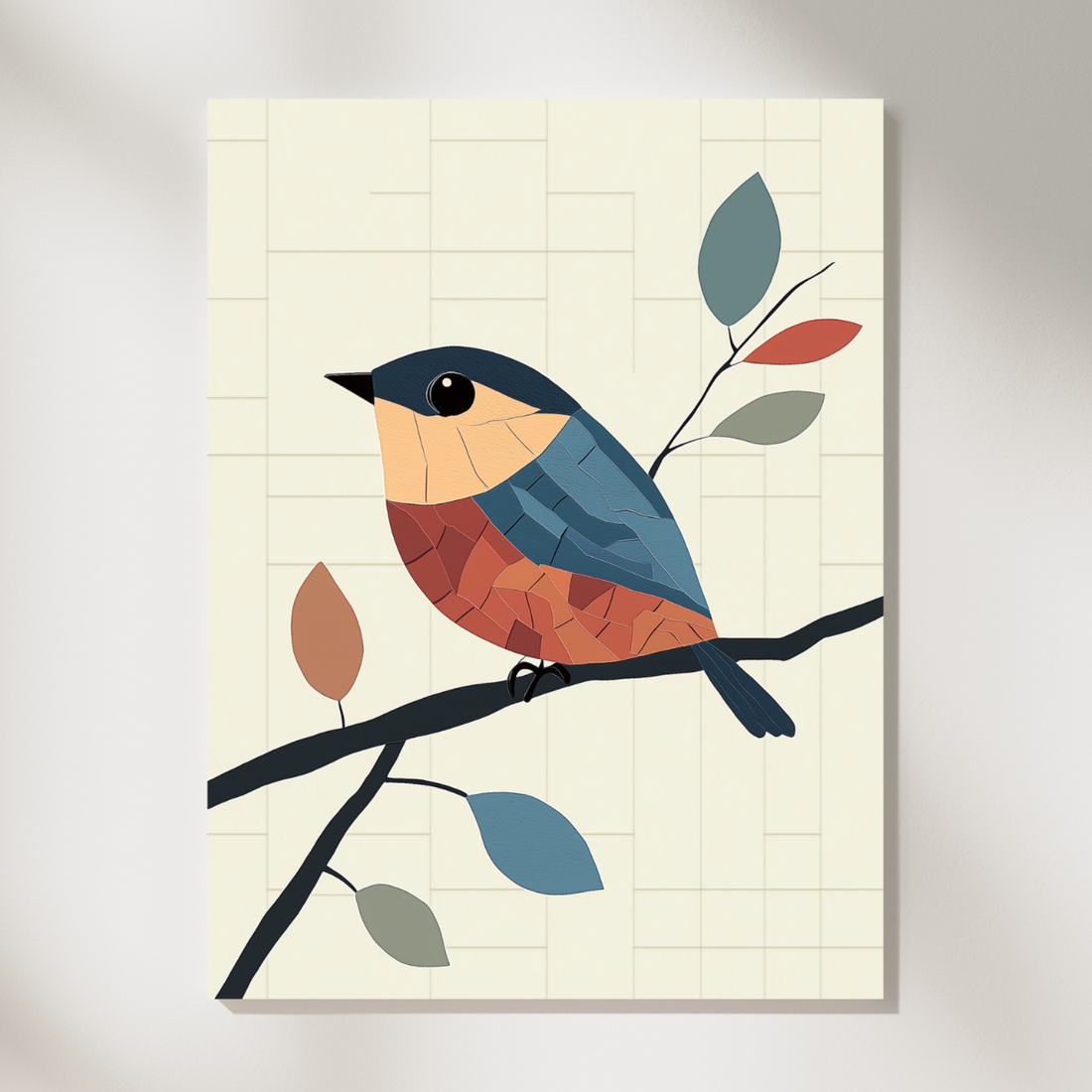 Vibrant Elegance, Colorful Bird Perched on Branch with Striking Gray and Red Leaves. High Resolution Digital Download 300 DPI
