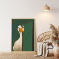 Peeking goose art above a rattan chair