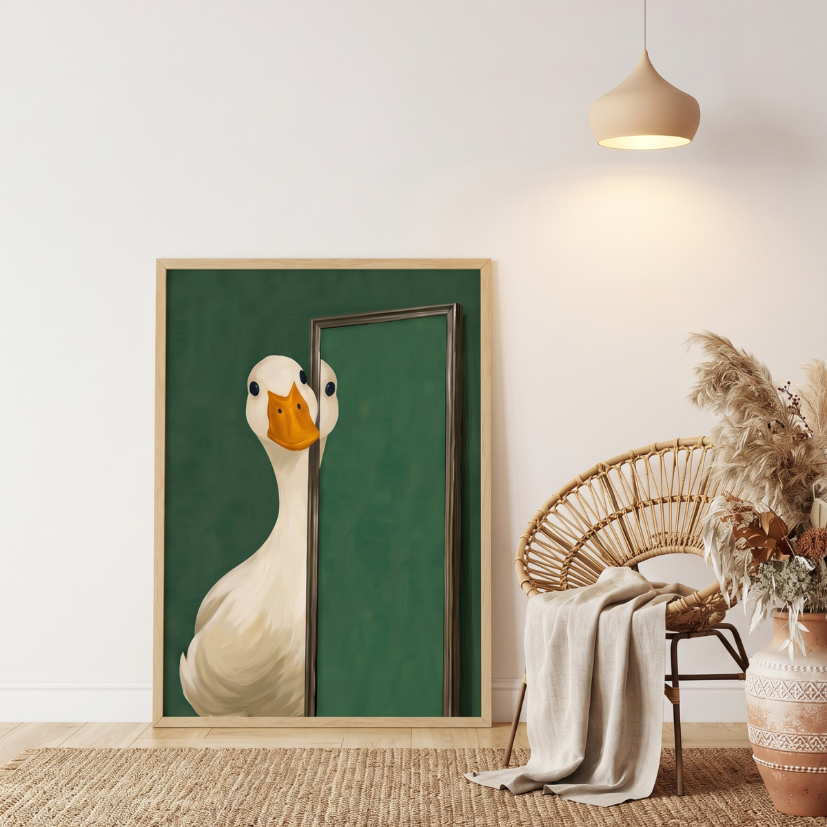 Peeking goose art above a rattan chair
