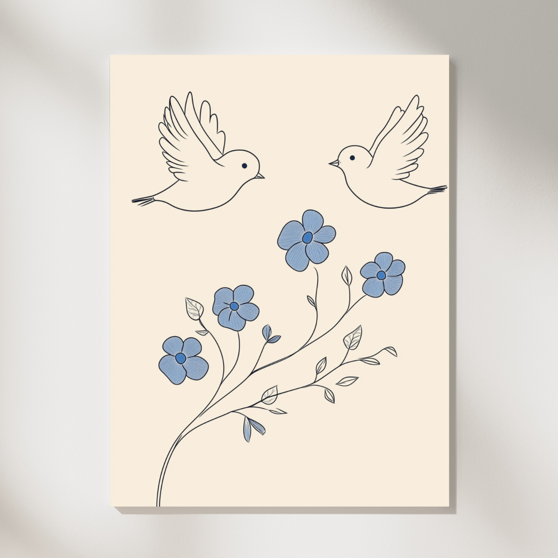 Elegant Flight, Minimalist Blue Birds and Flowers on Soft Beige Background. High Resolution Digital Download 300 DPI