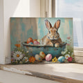 Easter bunny bathtub print above a white console