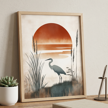 Minimalist Heron Shore Illustration, Organic Abstract Nature Wall Art Print. High Resolution Digital Download 300 DPI.