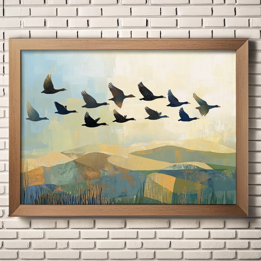 Majestic Migration, Geese Soaring Across Expansive Hilly Landscape Panorama. High Resolution Digital Download 300 DPI