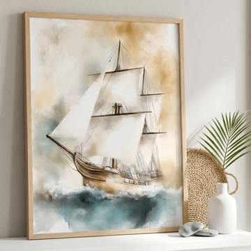 Vintage Sailing Ship Wall Art on Rough Sea Nautical Ocean Scene. High Resolution Digital Download 300 DPI.