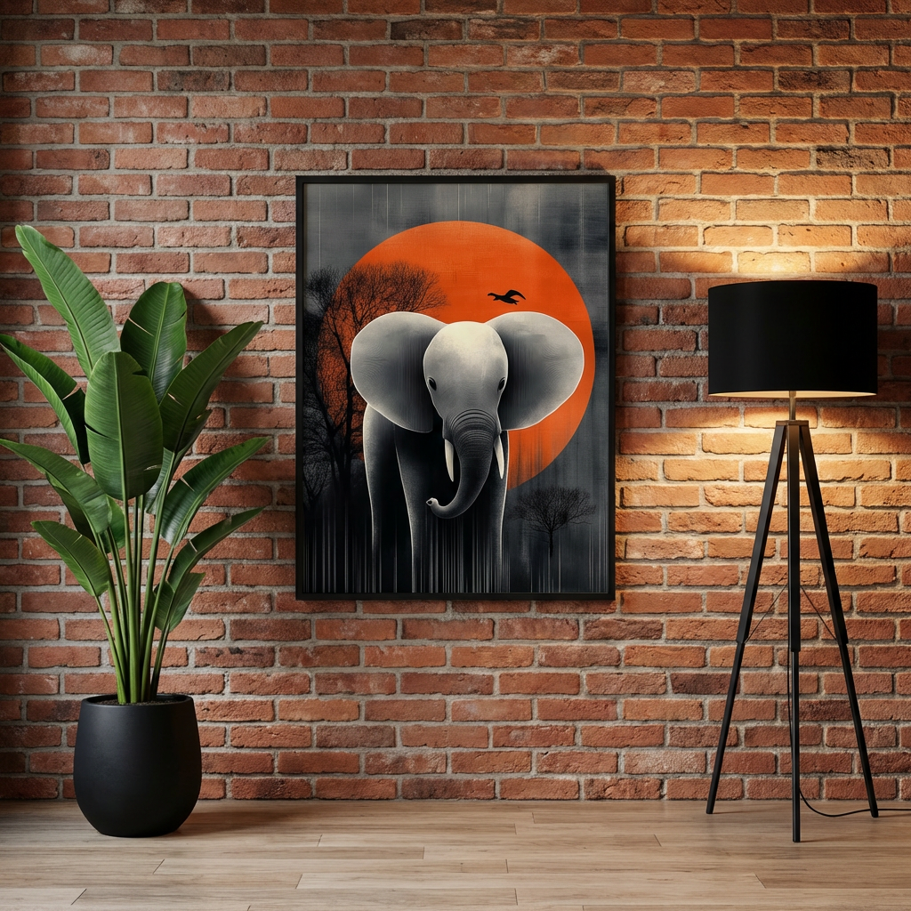 Graceful Elephant in Japanese Landscape, Minimalist Art with Orange Su