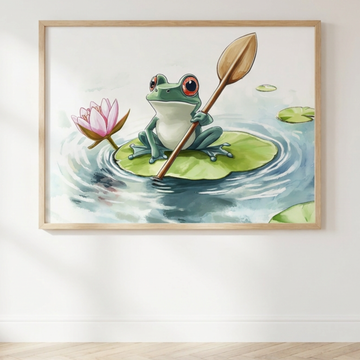 Whimsical Frog Adventure, Watercolor Lily Pad Rowing Art Print. High Resolution Digital Download 300 DPI.