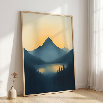 Majestic Mountain Sunset, Pine Framed Peak Rising Above Misty Lake Landscape. High Resolution Digital Download 300 DPI