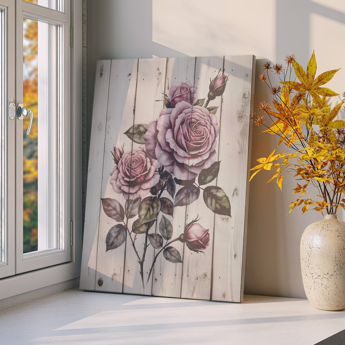 Cottage roses art beside yellow flowers