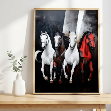 Dynamic Gallop, Four White Horses and One Red Horse Against Dark Canvas. High Resolution Digital Download 300 DPI