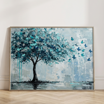 Turquoise Tree Art with Blue Butterflies Impressionist Nature Painting. High Resolution Digital Download 300 DPI.