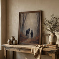 Witch and horse print above a rustic console