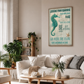 Seahorse typography print above a white sofa