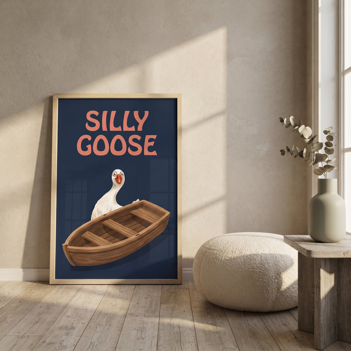 Silly goose boat print above a pouf