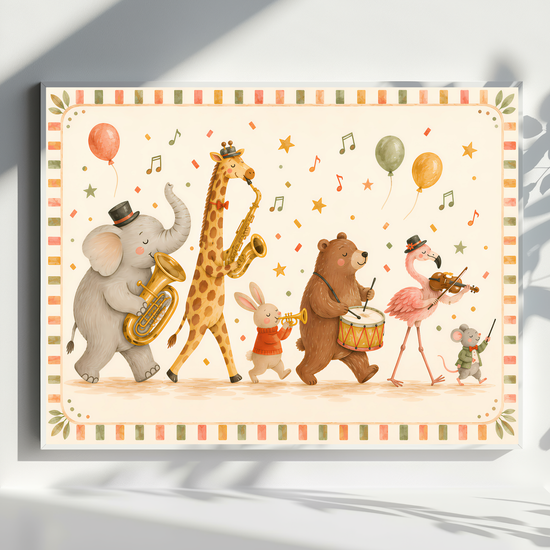 Kids wall art of an animal marching band with a giraffe on saxophone, an elephant, a bear and a flamingo with balloons