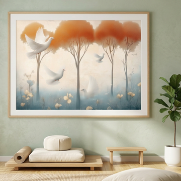 Ancient Serenity, Fresco-Inspired Nature Scene with Doves and Timeless Trees. High Resolution Digital Download 300 DPI