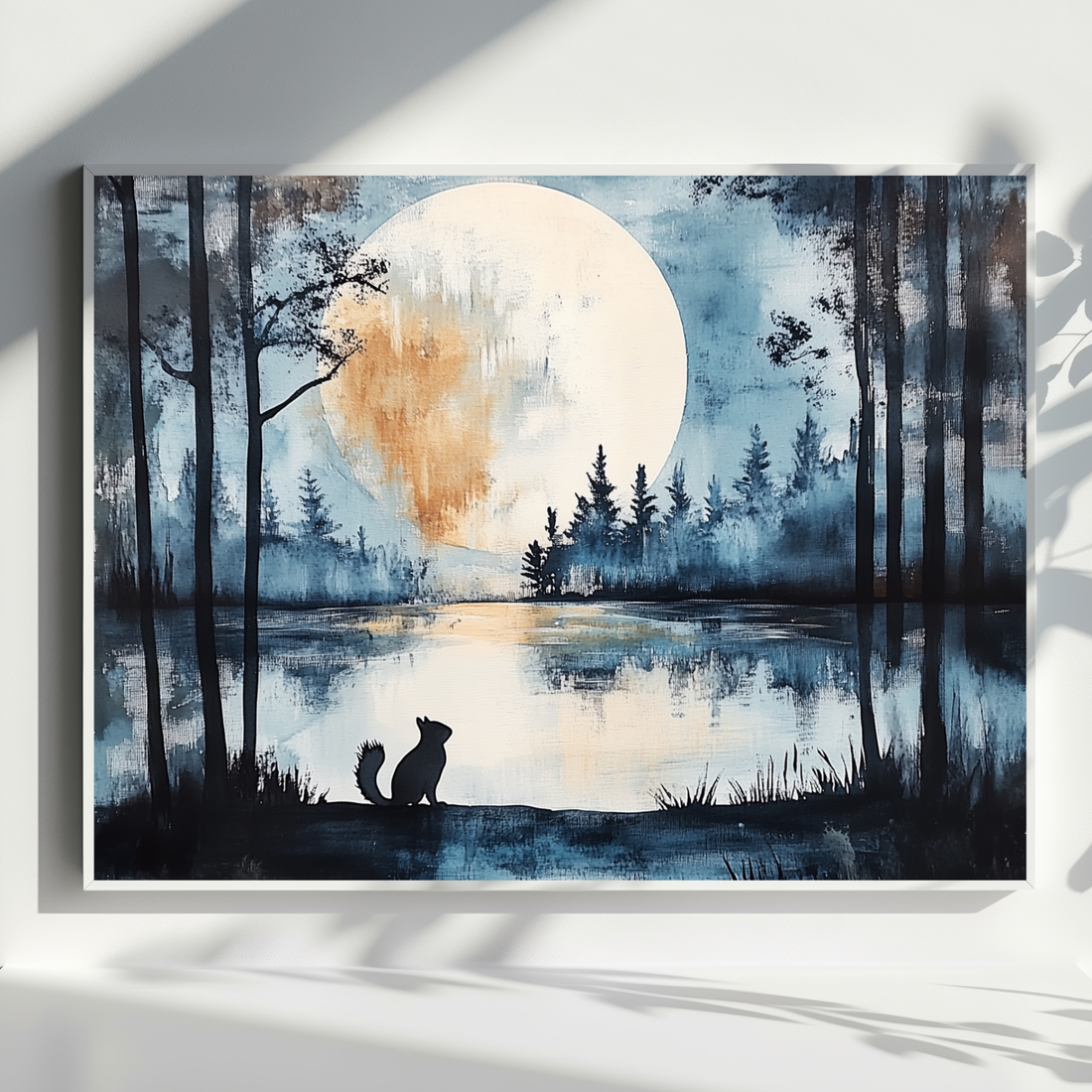 Enchanted Moonlit Forest, Squirrel's Journey to Mystical Lake Art. High Resolution Digital Download 300 DPI.