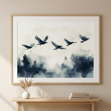 Mystical Flight, Black Birds Soar Through Ethereal Forest Mist. High Resolution Digital Download 300 DPI