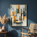 Retro car print beside a wooden chair