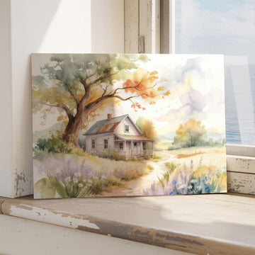 Pastel Countryside Farmhouse Watercolor Landscape Art with Gentle Natural Lighting. High Resolution Digital Download 300 DPI.