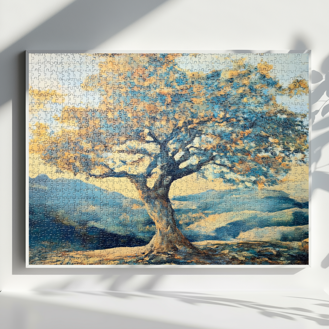 Tree Puzzle Landscape Wall Art in Warm Blue Beige Yellow Tones. High Resolution Digital Download 300 DPI.