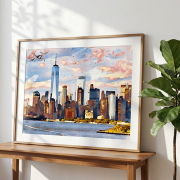 Vibrant Urban Oasis, Modern Cityscape Wall Art with Serene Ferry Scene. High Resolution Digital Download 300 DPI.