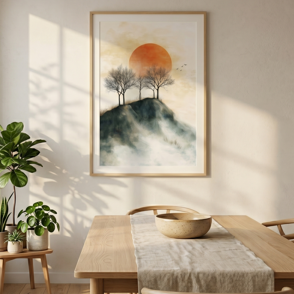 Misty trees art above a bed