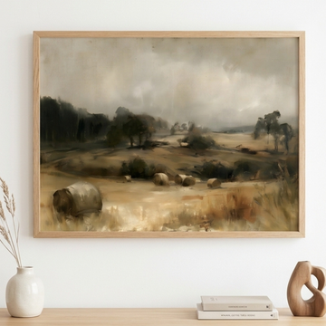 Vintage Hayfield Landscape Oil Painting, Rustic Golden Harvest Meadow Wall Art. High Resolution Digital Download 300 DPI.