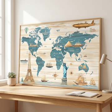 Pastel World Landmarks Map Art, Wanderlust Wooden Travel Wall Art. High Resolution Digital Download 300 DPI.