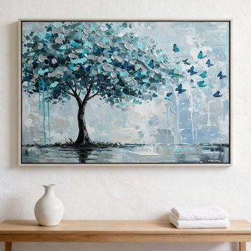 Turquoise Tree Canvas Art with Blue Butterflies Impressionist Nature Painting. High Resolution Digital Download 300 DPI.