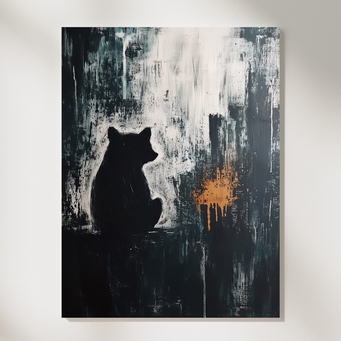 Dramatic Bear Silhouette, Abstract Orange Splash on Black Canvas Art. High Resolution Digital Download 300 DPI.