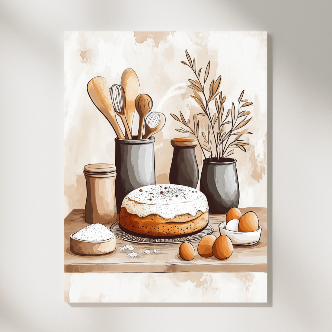 Whimsical Baking Bliss, Watercolor Kitchen Scene with Freshly Baked Cake. High Resolution Digital Download 300 DPI