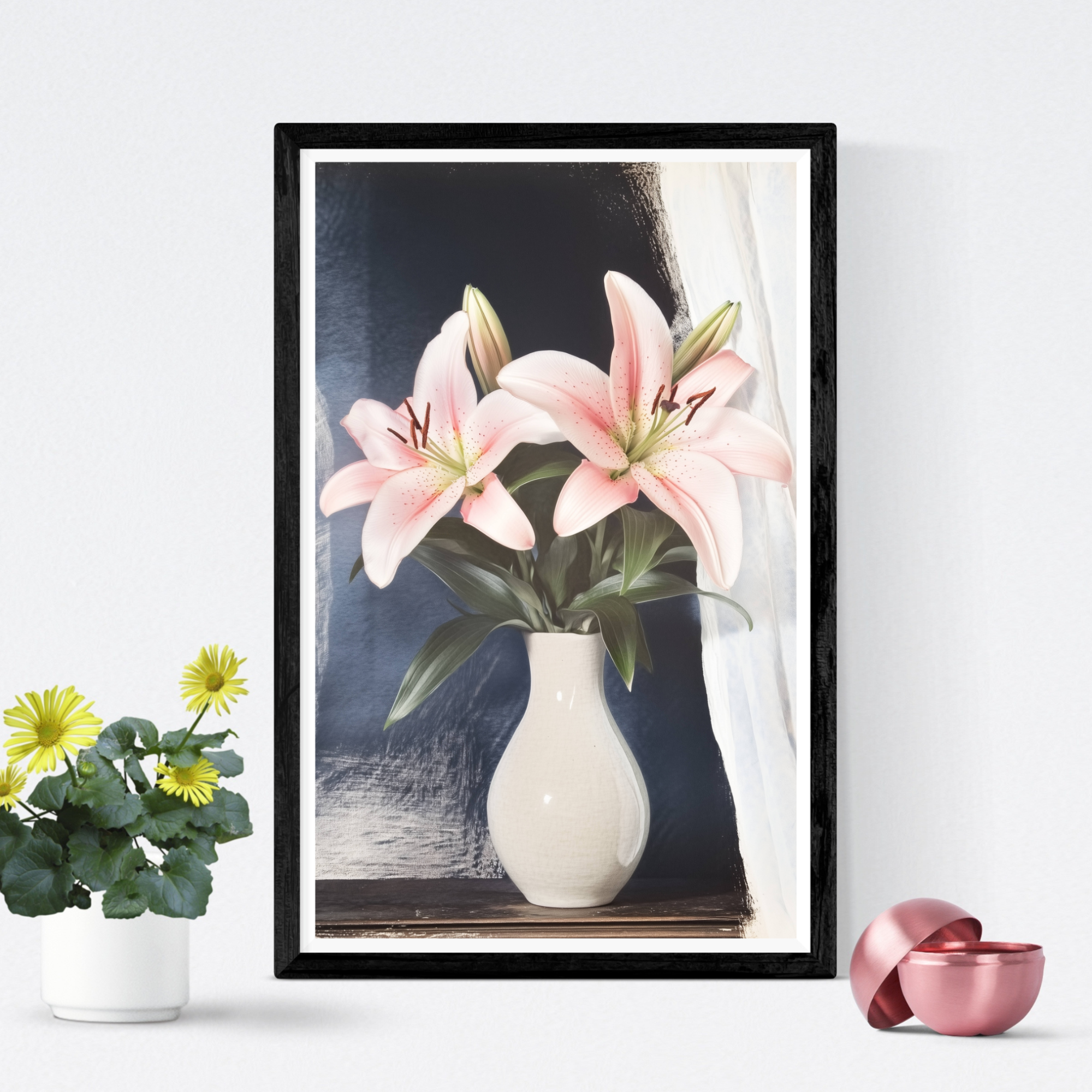 Ethereal Lilies: Sunlit Vase on Wooden Shelf in Misty Amber and Indigo. High Resolution Digital Download 300 DPI