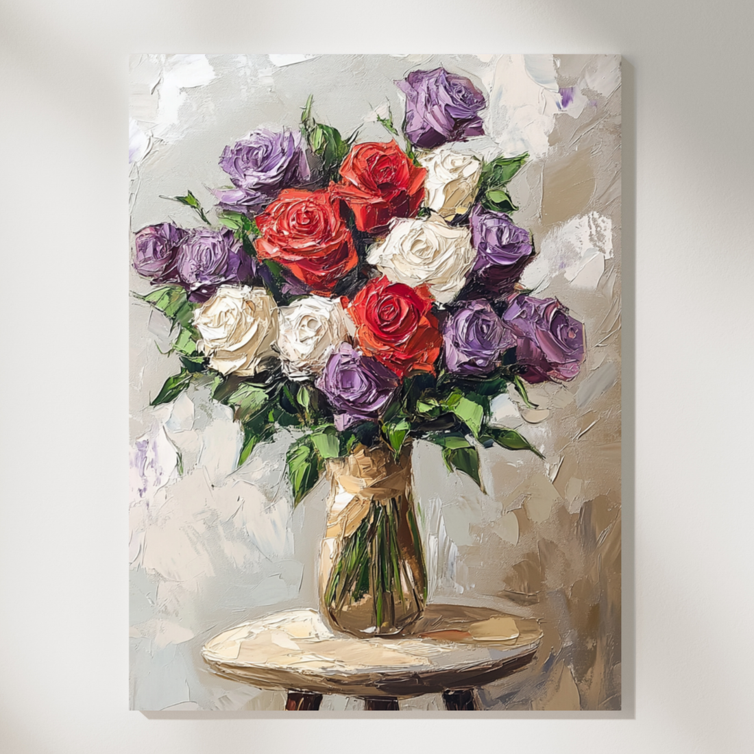Vibrant Floral Impasto, Purple and White Roses on Intimate Side Table. High Resolution Digital Download 300 DPI