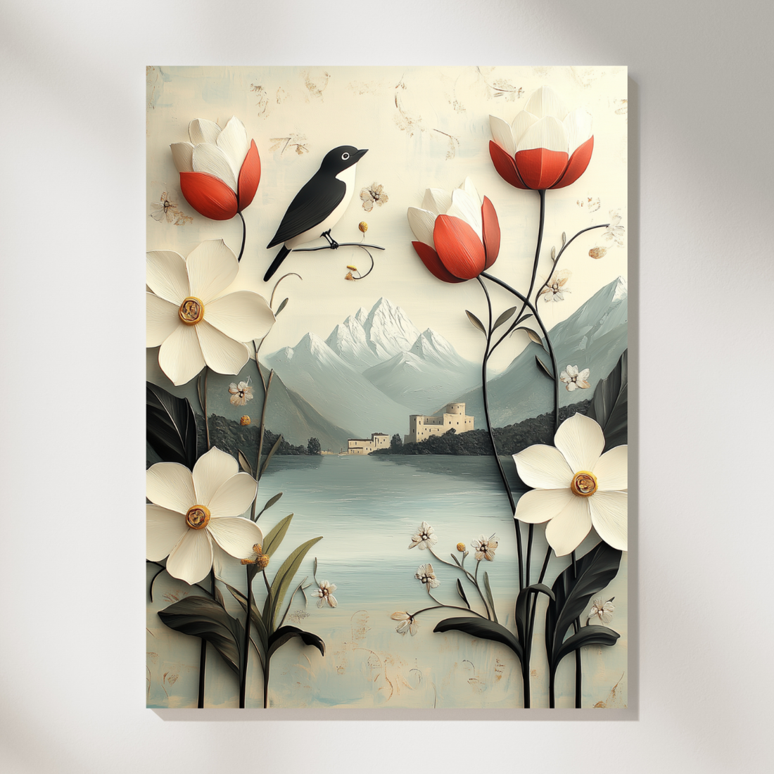 Majestic Black Bird, Serene Perch Amidst Floral Mountain Lake Landscape. High Resolution Digital Download 300 DPI
