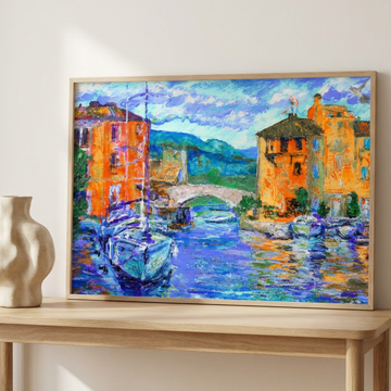 Vibrant Mediterranean Harbor, Luminous Coastal Wall Art Print. High Resolution Digital Download 300 DPI.