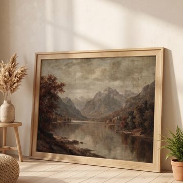 Vintage Autumn Mountain Lake Oil Painting, Rustic Landscape Wall Art Print. High Resolution Digital Download 300 DPI.