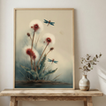 Watercolor art of tall red puffball wildflowers with small dragonflies on a soft cream background