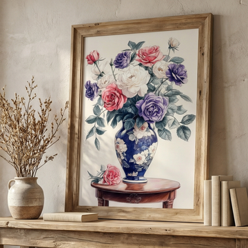 Pastel Romance, Elegant Roses in Purple and White on Vintage Side Table. High Resolution Digital Download 300 DPI