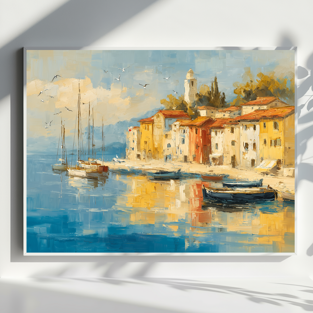 Seaside Village Wall Art Coastal Boats Scenic Tranquil Harbor Painting. High Resolution Digital Download 300 DPI.