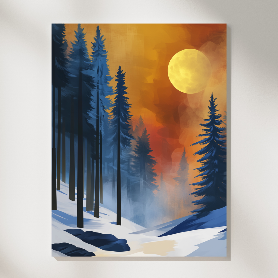 Winter Pine Forest Wall Art Moonlight Digital Painting Illustration. High Resolution Digital Download 300 DPI.