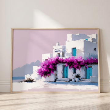 Cycladic White Houses Wall Art Blue Bougainvillea Greek Island Landscape. High Resolution Digital Download 300 DPI.