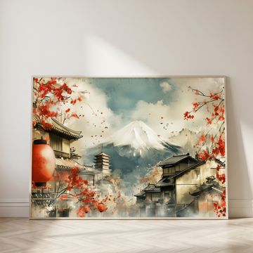 Serene Japanese Festival Art, Cherry Blossoms, Mountains, and Lanterns Art. High Resolution Digital Download 300 DPI.